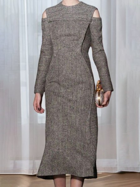 Herringbone Regular Fit Elegant Crew Neck Off Shoulder Sleeve Midi Dress, Gray, Midi Dresses
Herringbone Regular Fit Elegant Crew Neck Off Shoulder Sleeve Midi Dress, Gray, Midi Dresses