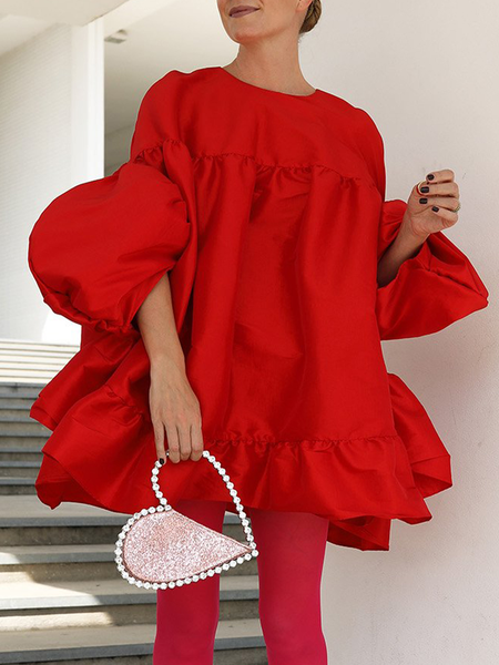 Loose Puff Sleeve Crew Neck Plain Elegant Dress, Red, Mini Dresses 
Loose Puff Sleeve Crew Neck Plain Elegant Dress, Red, Mini Dresses