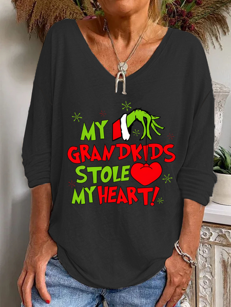 Women My Grandkids Stole My Heart Christmas Print Ladies V-Neck Loose Long-Sleeved T-Shirt, As picture, Long sleeves
Women My Grandkids Stole My Heart Christmas Print Ladies V-Neck Loose Long-Sleeved T-Shirt, As picture, Long sleeves