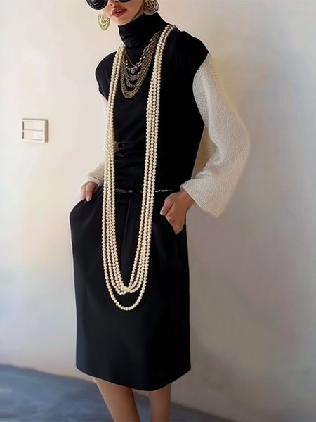 Elegant Color Block Long Sleeve Sweater Dress With No Belt, Black-white, Midi Dresses
Elegant Color Block Long Sleeve Sweater Dress With No Belt, Black-white, Midi Dresses