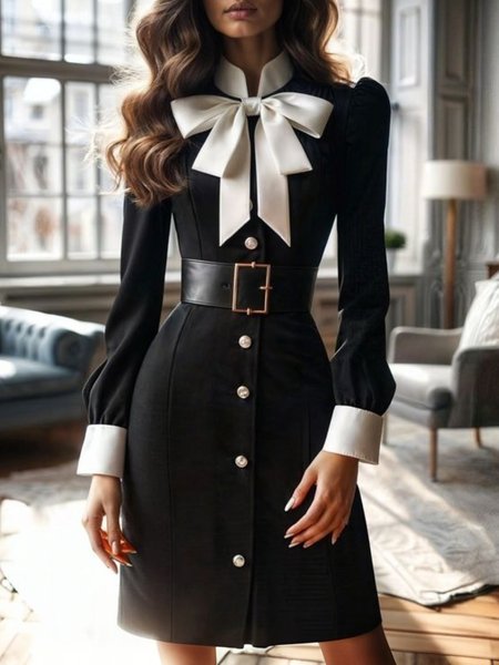 Elegant Regular Fit Bow Stand Collar Color Block Dress With No Belt, Black, Midi Dresses
Elegant Regular Fit Bow Stand Collar Color Block Dress With No Belt, Black, Midi Dresses