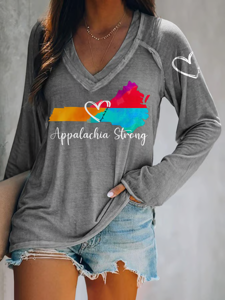 Retro Appalachia Strong Stronger Than The Storm Print T-ShirtCasual Loose V Neck T-Shirt, Gray, Long sleeves
Retro Appalachia Strong Stronger Than The Storm Print T-ShirtCasual Loose V Neck T-Shirt, Gray, Long sleeves