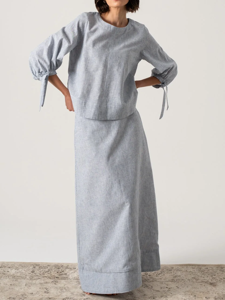 Linen Crew Neck Striped Two-Piece Set, Blue, Suits 
Linen Crew Neck Striped Two-Piece Set, Blue, Suits