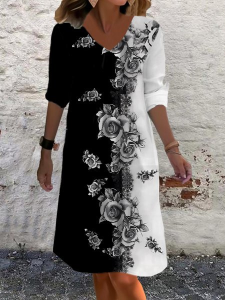 Women Floral V Neck Long Sleeve Comfy Casual Midi Dress, Black-white, Dresses
Women Floral V Neck Long Sleeve Comfy Casual Midi Dress, Black-white, Dresses
