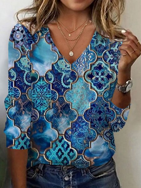 Women's Long Sleeve Tee T-shirt Spring/Fall Ethnic Jersey V Neck Holiday Going Out Casual Top, Blue, T-Shirts
Women's Long Sleeve Tee T-shirt Spring/Fall Ethnic Jersey V Neck Holiday Going Out Casual Top, Blue, T-Shirts