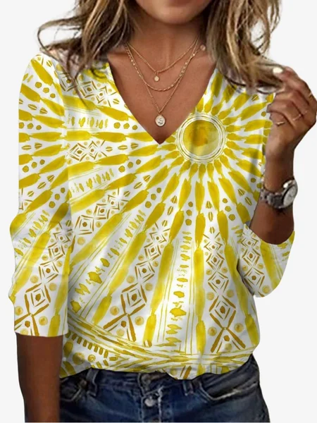Women's Ethnic Sunshine Print Long Sleeve V Neck T-Shirt, Yellow, T-Shirts
Women's Ethnic Sunshine Print Long Sleeve V Neck T-Shirt, Yellow, T-Shirts