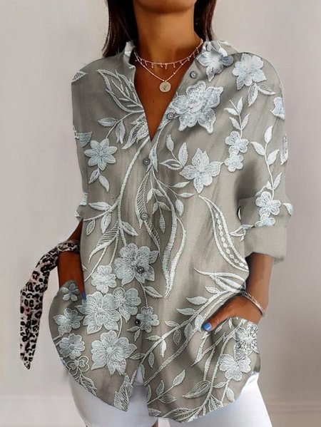 Women's Floral Long Sleeve Shirt Spring/Fall Shirt Collar Daily Casual Top, Light gray, Blouses
Women's Floral Long Sleeve Shirt Spring/Fall Shirt Collar Daily Casual Top, Light gray, Blouses