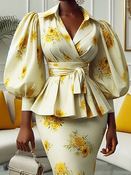 Elegant Floral Printing Shirt Collar Balloon Sleeve Shirt With Belt, Yellow, Blouses and Shirts
Elegant Floral Printing Shirt Collar Balloon Sleeve Shirt With Belt, Yellow, Blouses and Shirts
