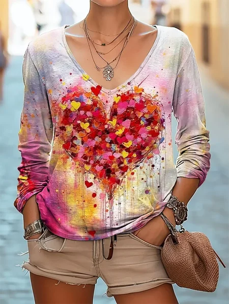 Valentine's Day printed heart print casual V-neck long sleeve T-shirt, Pink, Long sleeves
Valentine's Day printed heart print casual V-neck long sleeve T-shirt, Pink, Long sleeves