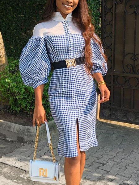 Urban Plaid Balloon Sleeve Stand Collar Knee Length Dress No Belt, Blue, Midi Dresses
Urban Plaid Balloon Sleeve Stand Collar Knee Length Dress No Belt, Blue, Midi Dresses