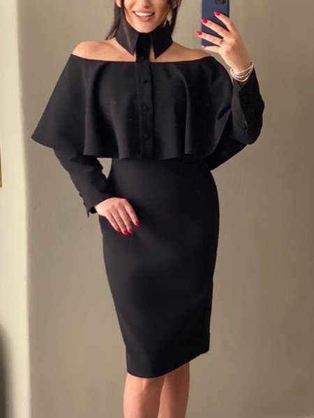 Elegant Plain Split Joint Shirt Collar Knee Length Dress, Black, Midi Dresses
Elegant Plain Split Joint Shirt Collar Knee Length Dress, Black, Midi Dresses