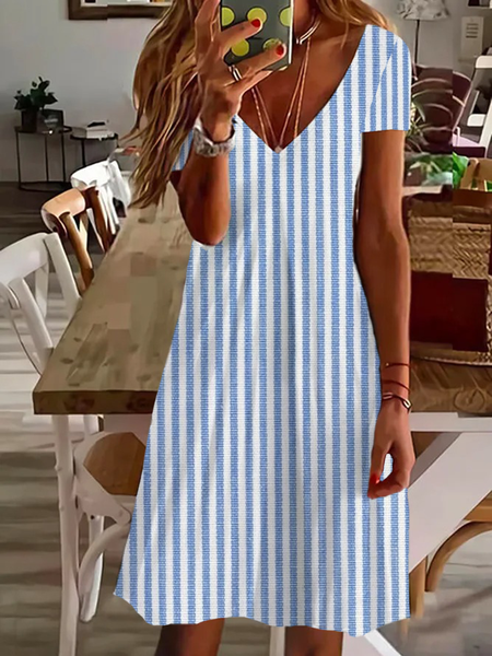 Women's Short Sleeve Summer Striped Printing Dress V Neck Daily Going Out Casual Knee Length T-Shirt Dress H-Line Dress, Blue, Casual Dresses
Women's Short Sleeve Summer Striped Printing Dress V Neck Daily Going Out Casual Knee Length T-Shirt Dress H-Line Dress, Blue, Casual Dresses