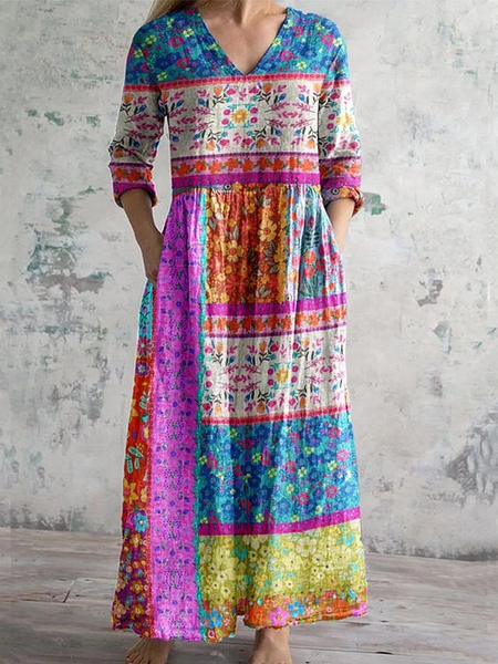 Women's Kantha style floral pattern V-neck dress with pockets, Rose red, Dresses 
Women's Kantha style floral pattern V-neck dress with pockets, Rose red, Dresses
