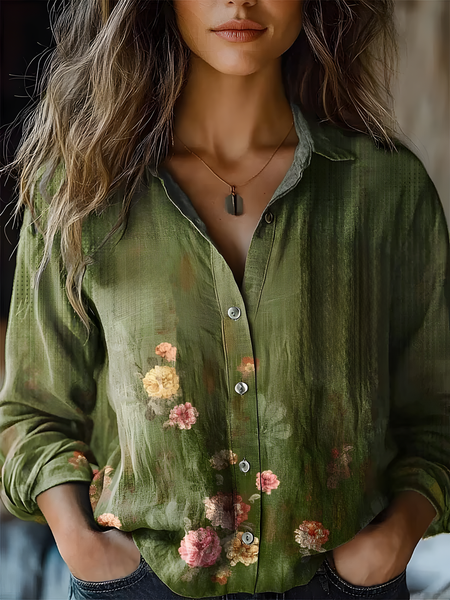 Women's Vintage Art Floral Print Cotton and Linen Long Sleeve Shirt, Green, Blouses
Women's Vintage Art Floral Print Cotton and Linen Long Sleeve Shirt, Green, Blouses