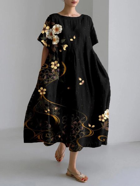 Women's Artistic Floral Print Vintage Round Neck Pleated Maxi Dress, As picture, Dresses
Women's Artistic Floral Print Vintage Round Neck Pleated Maxi Dress, As picture, Dresses