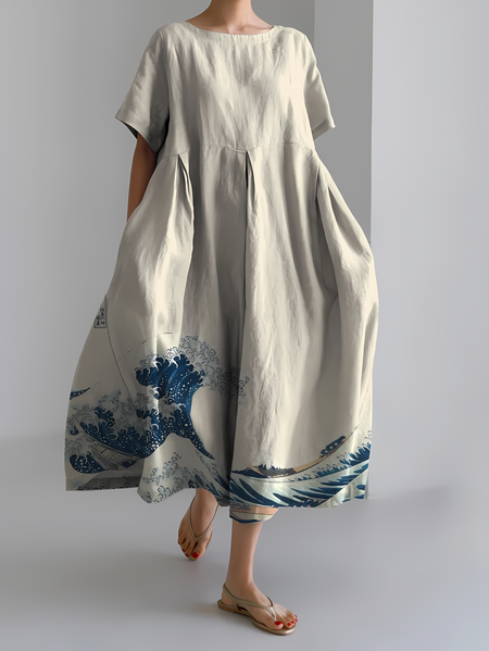 Women's Artistic Wave Print Vintage Round Neck Pleated Dress, As picture, Dresses
Women's Artistic Wave Print Vintage Round Neck Pleated Dress, As picture, Dresses