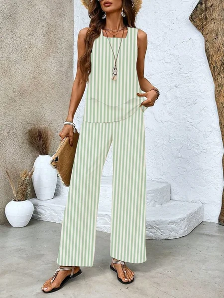 Women Striped Crew Neck Sleeveless Comfy Casual Printing Top With Pants Two-Piece Set, Green, Sets
Women Striped Crew Neck Sleeveless Comfy Casual Printing Top With Pants Two-Piece Set, Green, Sets