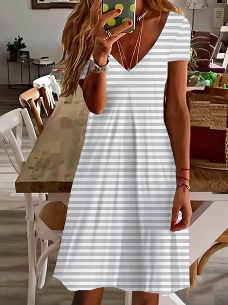 Women's Striped Short Sleeve Summer Printing Dress V Neck Daily Casual Knee Length T-Shirt Dress H-Line Dress, Light gray, Casual Dresses
Women's Striped Short Sleeve Summer Printing Dress V Neck Daily Casual Knee Length T-Shirt Dress H-Line Dress, Light gray, Casual Dresses