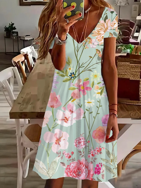 Women's Floral Short Sleeve Summer Printing Dress V Neck Daily Casual Knee Length T-Shirt Dress H-Line Dress, Green, Casual Dresses
Women's Floral Short Sleeve Summer Printing Dress V Neck Daily Casual Knee Length T-Shirt Dress H-Line Dress, Green, Casual Dresses