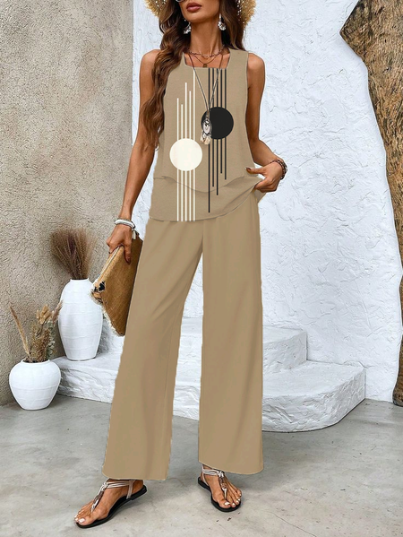 Women's Geometric Printing Two-Piece Set Daily Sleeveless Casual Summer Top With Pants Matching Set, Khaki, Suit Set
Women's Geometric Printing Two-Piece Set Daily Sleeveless Casual Summer Top With Pants Matching Set, Khaki, Suit Set