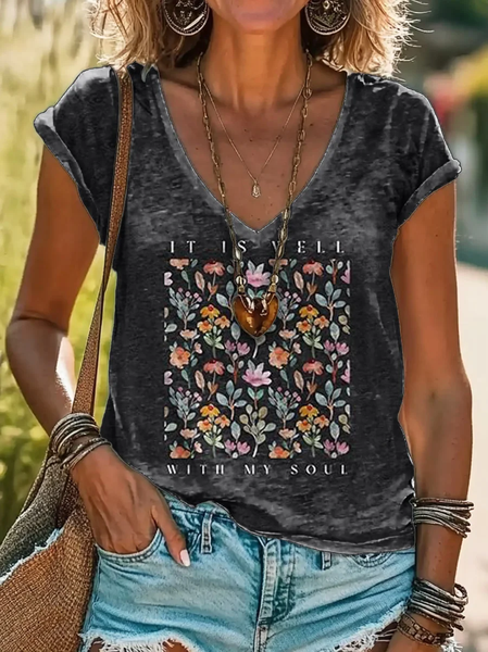 Women Floral Short Sleeve Tee T-shirt V Neck Printing Casual Summer Graphic Tee Top, Black, T-Shirts
Women Floral Short Sleeve Tee T-shirt V Neck Printing Casual Summer Graphic Tee Top, Black, T-Shirts