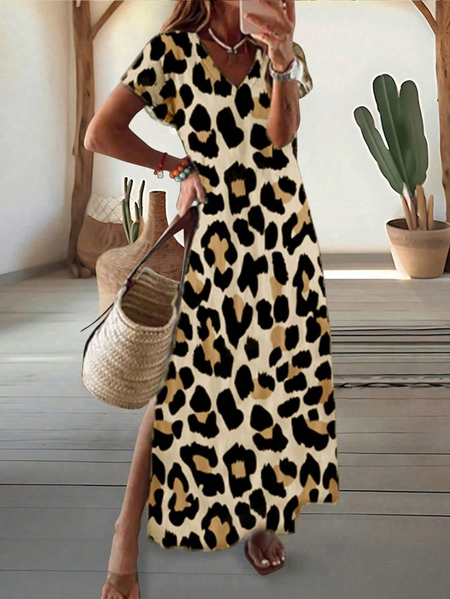 Women Leopard Short Sleeve Summer Printing Dress V Neck Daily Casual Maxi T-Shirt Dress X-Line Dress, Brown, Casual Dresses
Women Leopard Short Sleeve Summer Printing Dress V Neck Daily Casual Maxi T-Shirt Dress X-Line Dress, Brown, Casual Dresses