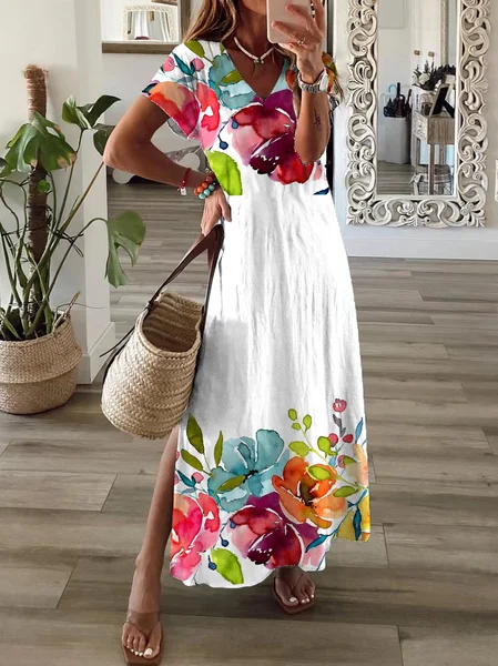 Women Floral Short Sleeve Summer Printing Dress V Neck Daily Casual Maxi T-Shirt Dress X-Line Dress, White, Casual Dresses
Women Floral Short Sleeve Summer Printing Dress V Neck Daily Casual Maxi T-Shirt Dress X-Line Dress, White, Casual Dresses