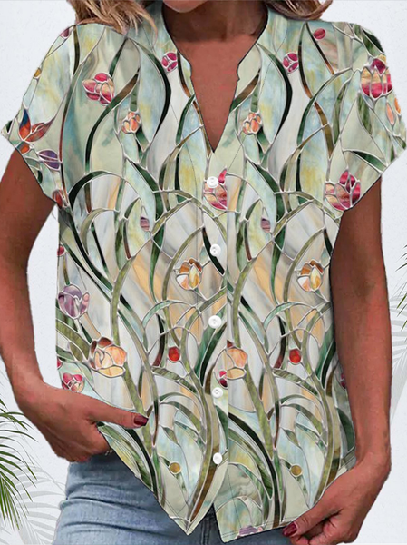 Women Floral Short Sleeve Shirt Summer Buckle V Neck Daily Casual Top, Green, Shirts
Women Floral Short Sleeve Shirt Summer Buckle V Neck Daily Casual Top, Green, Shirts