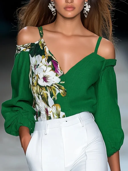Vacation Floral Printing Cold Shoulder Off Shoulder Sleeve Blouse, Green, Blouses and Shirts
Vacation Floral Printing Cold Shoulder Off Shoulder Sleeve Blouse, Green, Blouses and Shirts