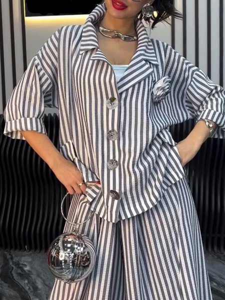 Casual Striped Lapel Collar Shirt With 3D Floral Brooch, Gray, Blouses and Shirts
Casual Striped Lapel Collar Shirt With 3D Floral Brooch, Gray, Blouses and Shirts