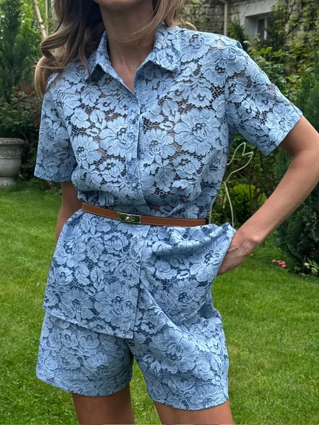 Lace Urban Plain Shirt Collar Shirt With No Belt, Blue, Blouses and Shirts
Lace Urban Plain Shirt Collar Shirt With No Belt, Blue, Blouses and Shirts