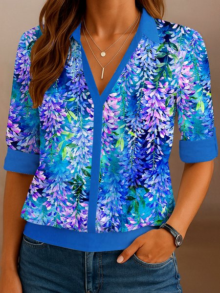V Neck Long Sleeve Floral Regular Micro-Elasticity Regular Fit Shirt For Women, Blue, Shirts
V Neck Long Sleeve Floral Regular Micro-Elasticity Regular Fit Shirt For Women, Blue, Shirts
