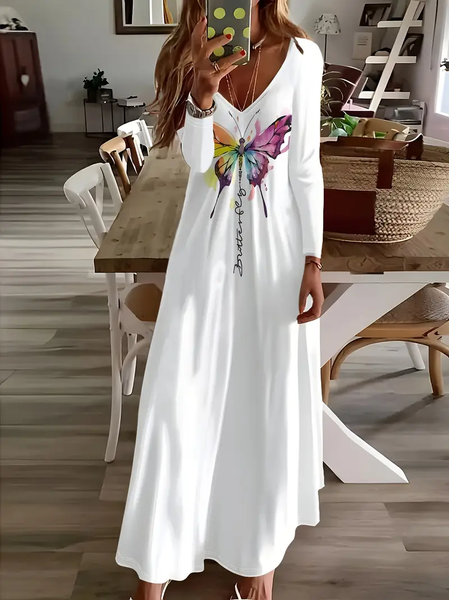 Women Butterfly Long Sleeve Spring/Fall Printing Dress V Neck Daily Casual Maxi H-Line Dress, White, Casual Dresses 
Women Butterfly Long Sleeve Spring/Fall Printing Dress V Neck Daily Casual Maxi H-Line Dress, White, Casual Dresses
