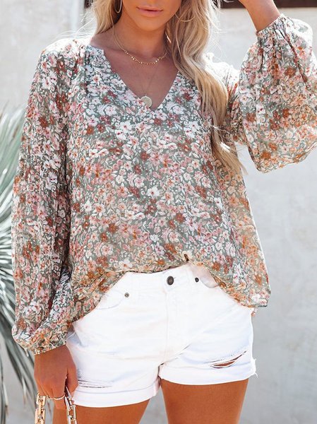 V Neck Balloon Sleeve Long Sleeve Floral Printing Regular Micro-Elasticity Loose Shirt For Women, Multicolor, Shirts
V Neck Balloon Sleeve Long Sleeve Floral Printing Regular Micro-Elasticity Loose Shirt For Women, Multicolor, Shirts