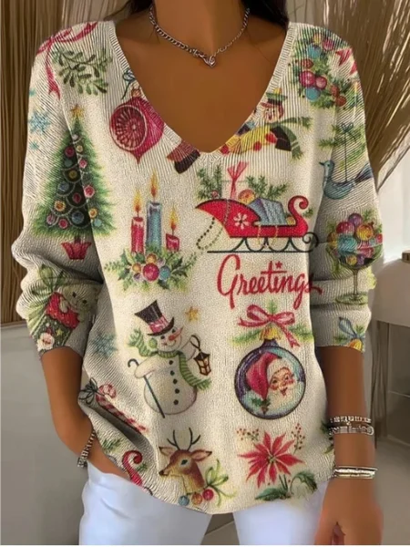 Women's Retro Nostalgic Christmas Art Pattern Print Casual V Neck Pullover Blouse, Apricot, Blouses
Women's Retro Nostalgic Christmas Art Pattern Print Casual V Neck Pullover Blouse, Apricot, Blouses