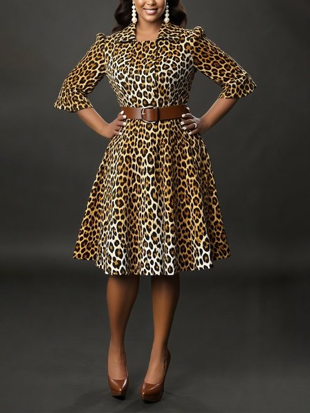 Urban Plain Puff Sleeve Printing Shawl Collar Knee Length Dress With Belt, Leopard, Mini Dresses
Urban Plain Puff Sleeve Printing Shawl Collar Knee Length Dress With Belt, Leopard, Mini Dresses