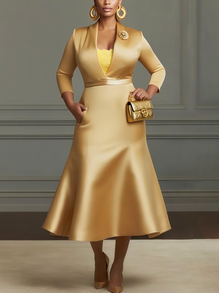 Elegant Plain Satin V Neck Midi Party Dress With Brooch, Champagne, Maxi Dresses
Elegant Plain Satin V Neck Midi Party Dress With Brooch, Champagne, Maxi Dresses