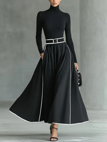 Urban Color Block Piping Turtleneck Maxi Dress With Belt, Black, Maxi Dresses
Urban Color Block Piping Turtleneck Maxi Dress With Belt, Black, Maxi Dresses