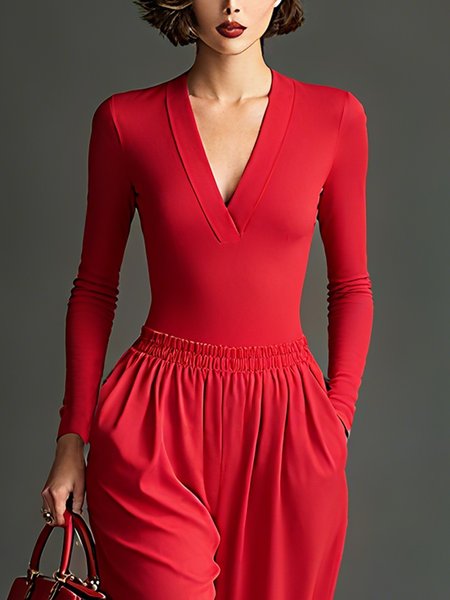 Jersey Casual Plain V Neck T-Shirt, Red, Blouses and Shirts
Jersey Casual Plain V Neck T-Shirt, Red, Blouses and Shirts