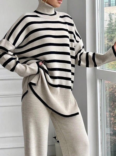 Yarn/Wool Yarn Casual Striped Mock Neck Sweater, Apricot, Pullovers
Yarn/Wool Yarn Casual Striped Mock Neck Sweater, Apricot, Pullovers