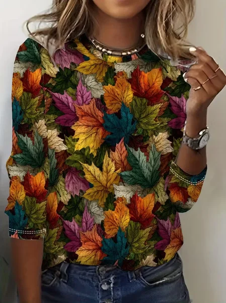 Casual Maple Leaf Crew Neck Long Sleeve T-shirt, As picture, T-shirts
Casual Maple Leaf Crew Neck Long Sleeve T-shirt, As picture, T-shirts