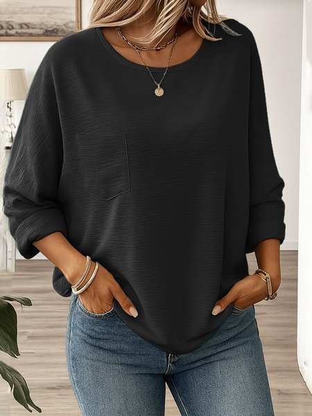 Casual Plain Crew Neck Blouse, Black, Long Sleeves 
Casual Plain Crew Neck Blouse, Black, Long Sleeves