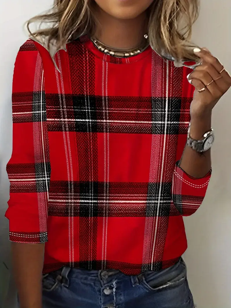 Casual Plaid Crew Neck Long Sleeve T-shirt, Red, T-shirts
Casual Plaid Crew Neck Long Sleeve T-shirt, Red, T-shirts