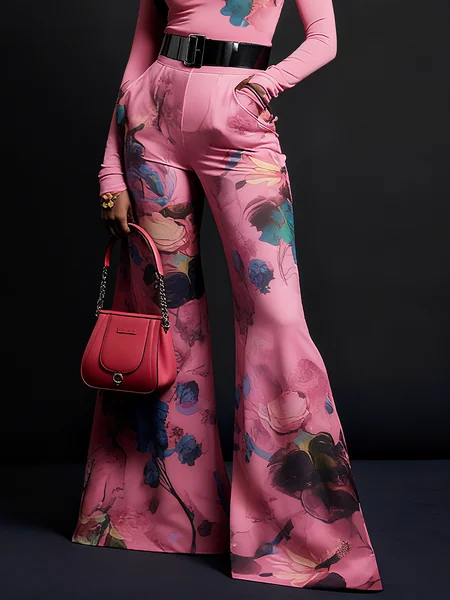 Elegant Floral Printing Wide Leg Pants, Pink, Pants 
Elegant Floral Printing Wide Leg Pants, Pink, Pants