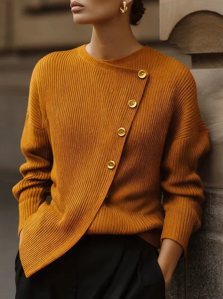 Casual Plain Buttoned Sweater, Yellow, Pullovers 
Casual Plain Buttoned Sweater, Yellow, Pullovers