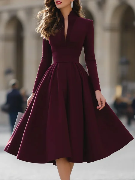 Elegant Plain V Neck Midi Dress, Wine red, Midi Dresses
Elegant Plain V Neck Midi Dress, Wine red, Midi Dresses