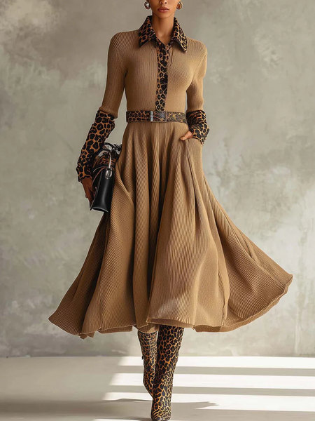 Elegant Leopard Zipper Shawl Collar Midi Dress Belt, Brown, Midi Dresses
Elegant Leopard Zipper Shawl Collar Midi Dress Belt, Brown, Midi Dresses