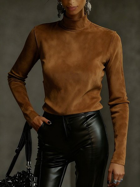 Suede Urban Plain Stand Collar Faux Leather Top, Brown, Tops
Suede Urban Plain Stand Collar Faux Leather Top, Brown, Tops