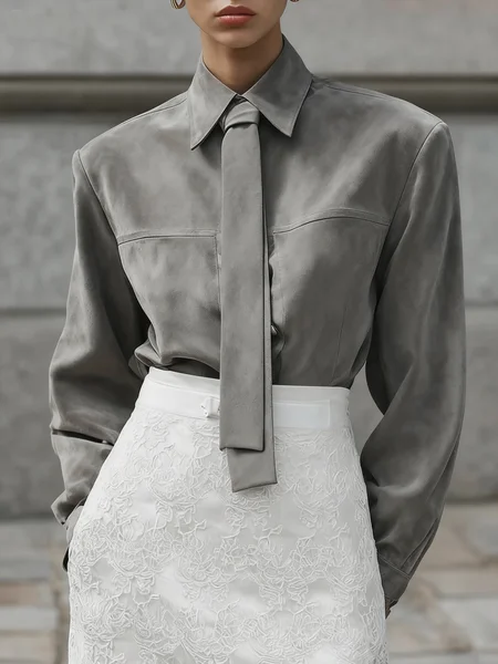 Suede Urban Plain Buttoned Faux Leather Top With Tie, Gray, Tops
Suede Urban Plain Buttoned Faux Leather Top With Tie, Gray, Tops