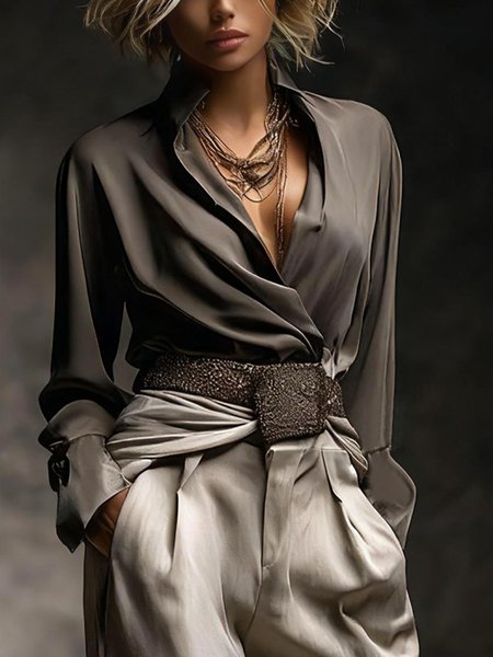 Elegant Plain Stand Collar Shirt, Gray, Blouses and Shirts
Elegant Plain Stand Collar Shirt, Gray, Blouses and Shirts